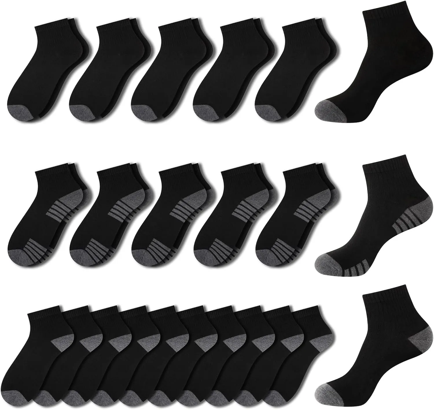20 Pack 3 Styles Men's/Women's Mini Crew Ankle Socks Quarter Bulk - Breathable Thin Athletic Socks, Fits Shoe Size 8-12
