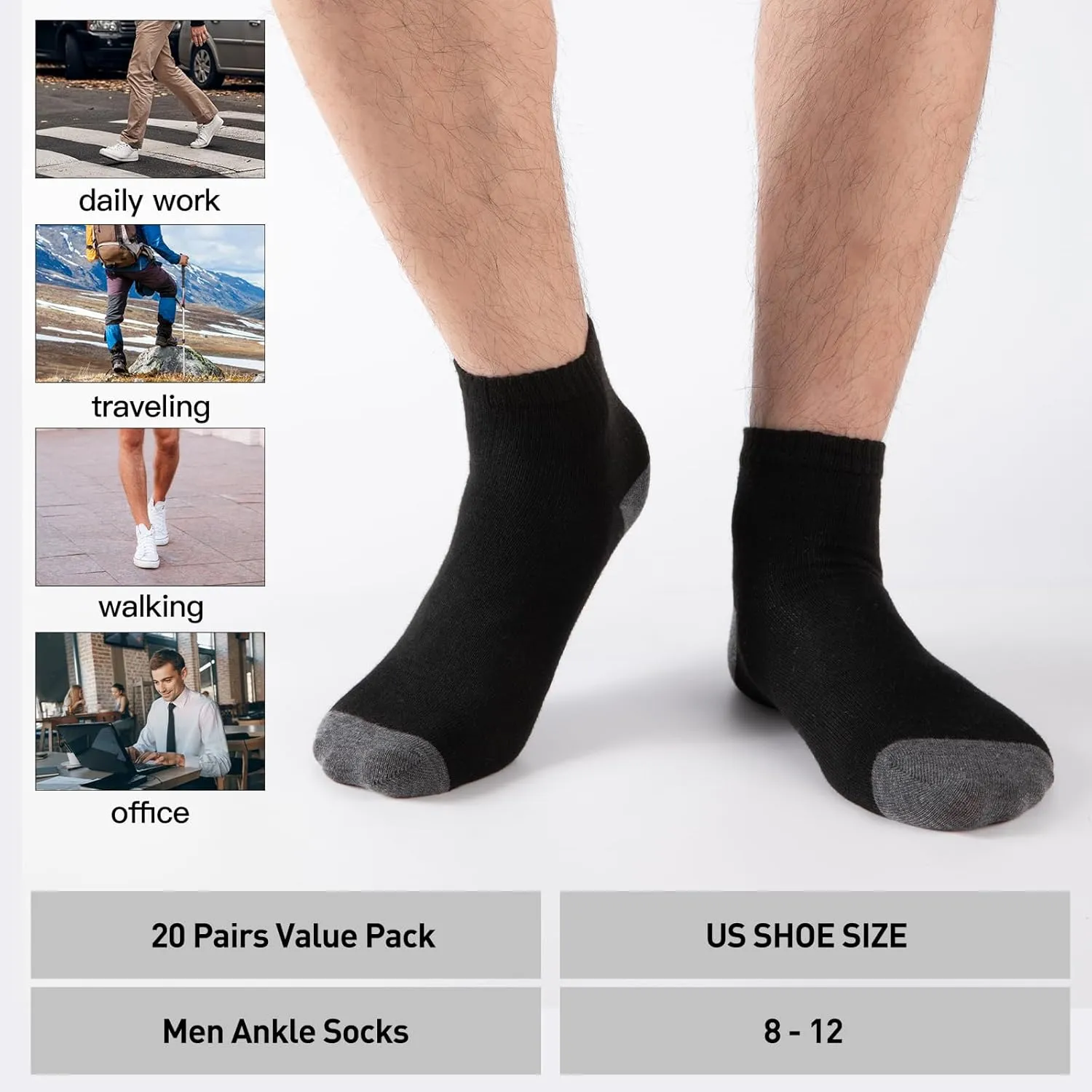 20 Pack 3 Styles Men's/Women's Mini Crew Ankle Socks Quarter Bulk - Breathable Thin Athletic Socks, Fits Shoe Size 8-12
