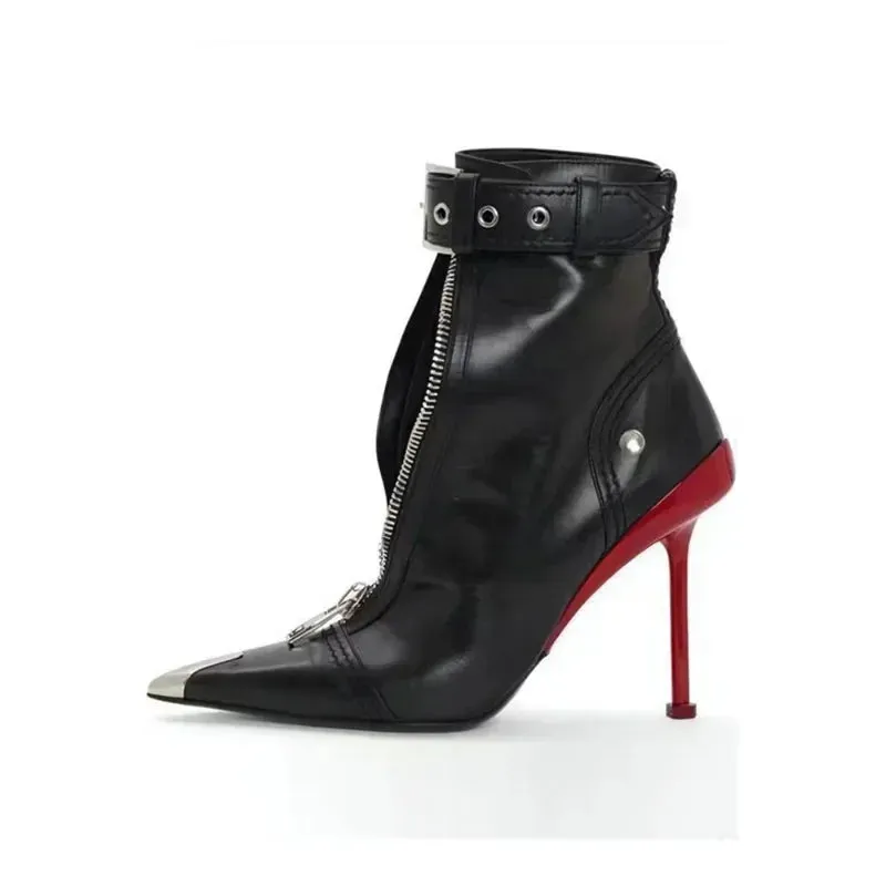 Belt Buckle Front Zipper Pointed Ankle Boots