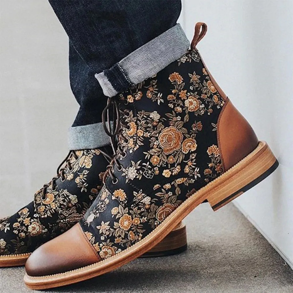 Floral Print and Leather Ankle Boots