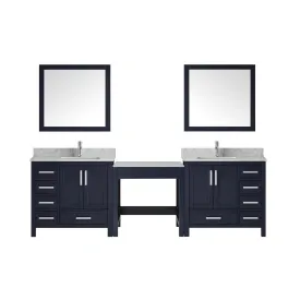 Jacques 102" Double Vanity Navy Blue w/ Make-up Table, White Carrera Marble Top, White Square Sink and 34" Mirror