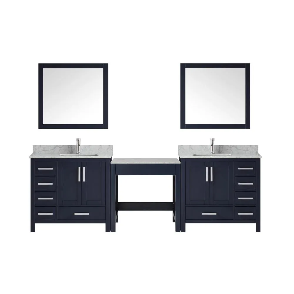 Jacques 102" Double Vanity Navy Blue w/ Make-up Table, White Carrera Marble Top, White Square Sink and 34" Mirror