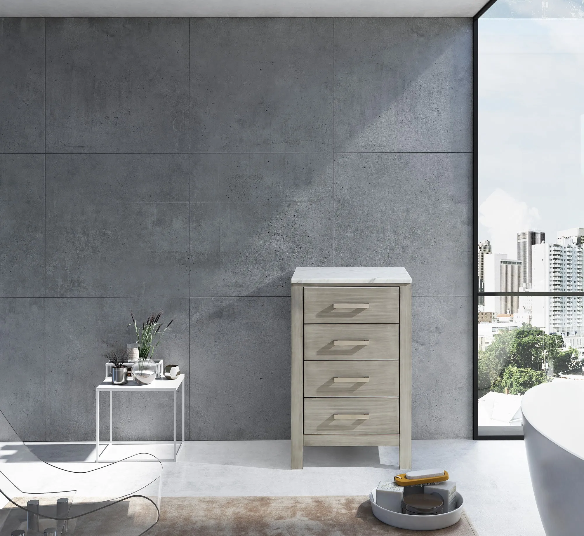 Jacques 20" Side Cabinet in Distressed Grey, White Carrara Marble Top