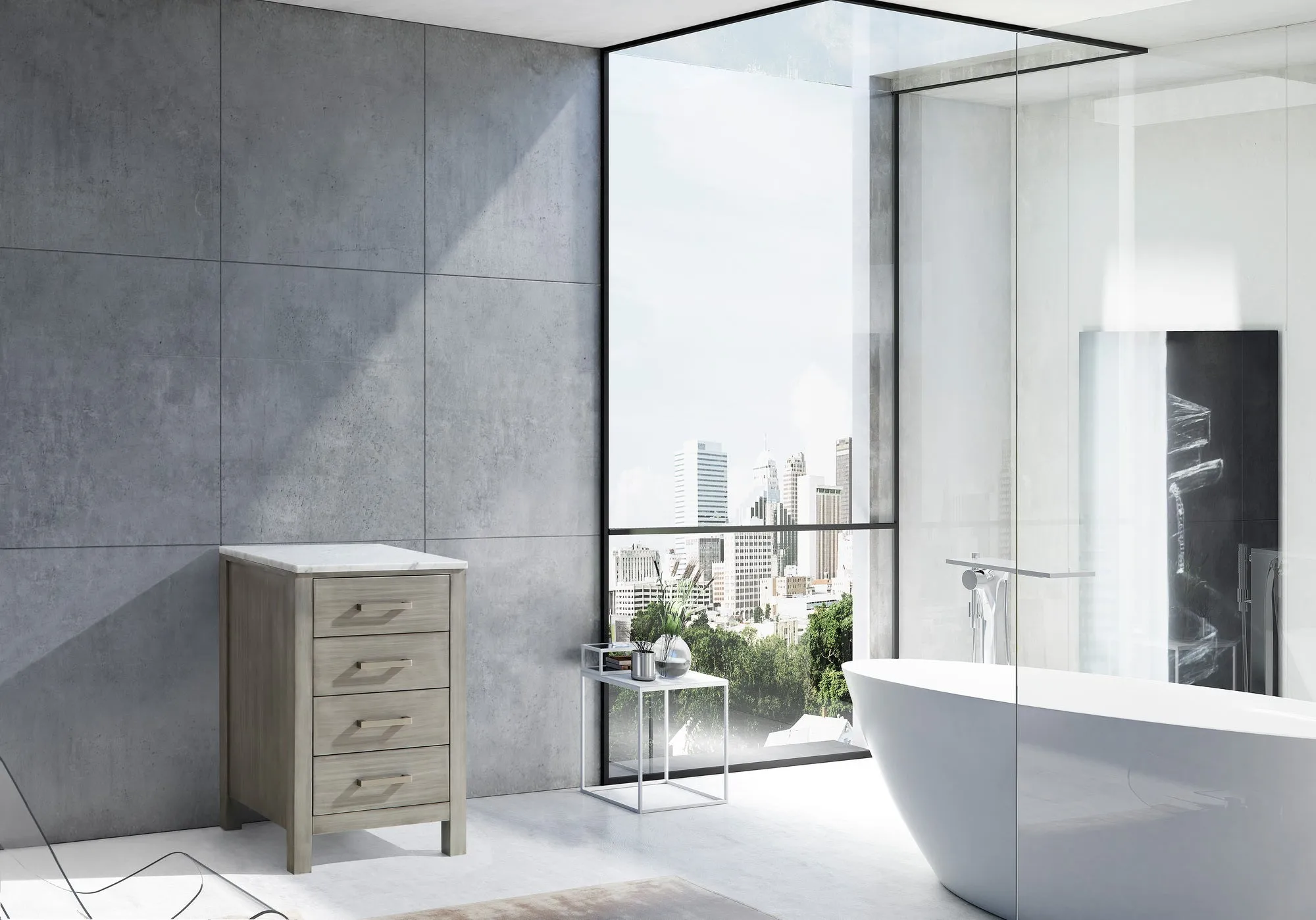 Jacques 20" Side Cabinet in Distressed Grey, White Carrara Marble Top
