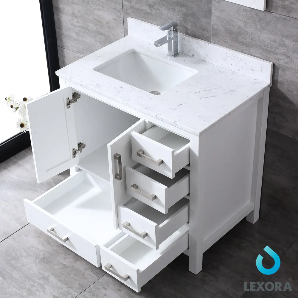 Jacques 36" White Single Vanity, White Carrara Marble Top, White Square Sink and no Mirror - Left Version