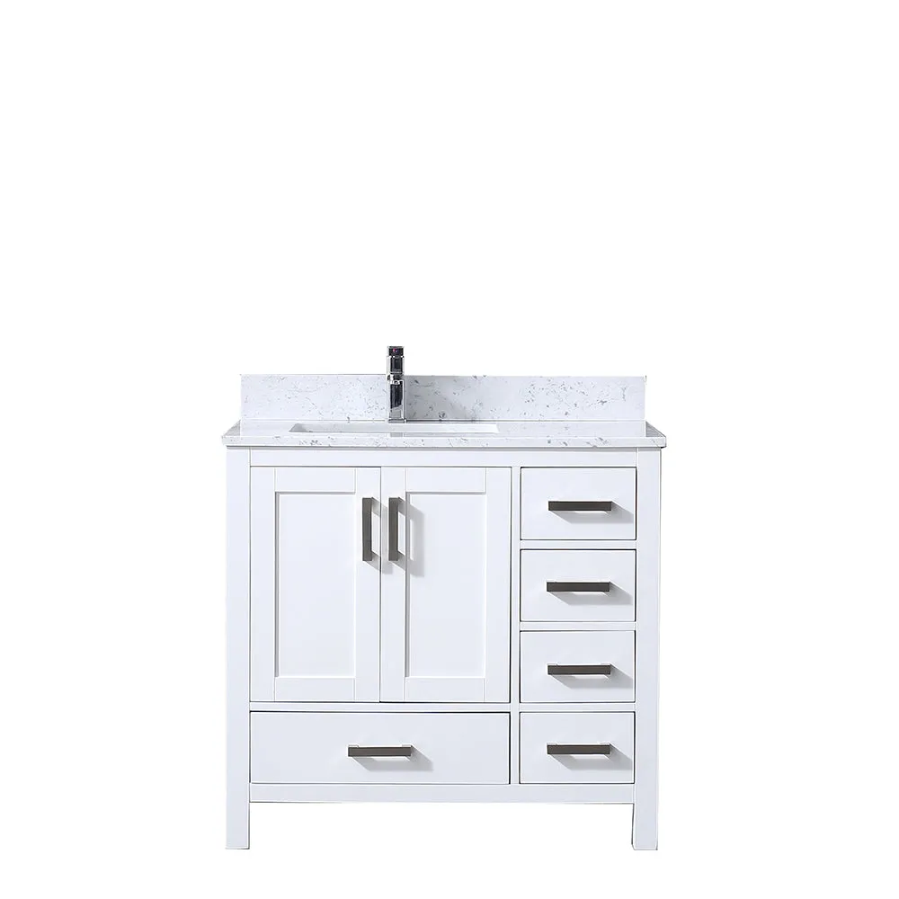 Jacques 36" White Single Vanity, White Carrara Marble Top, White Square Sink and no Mirror - Left Version