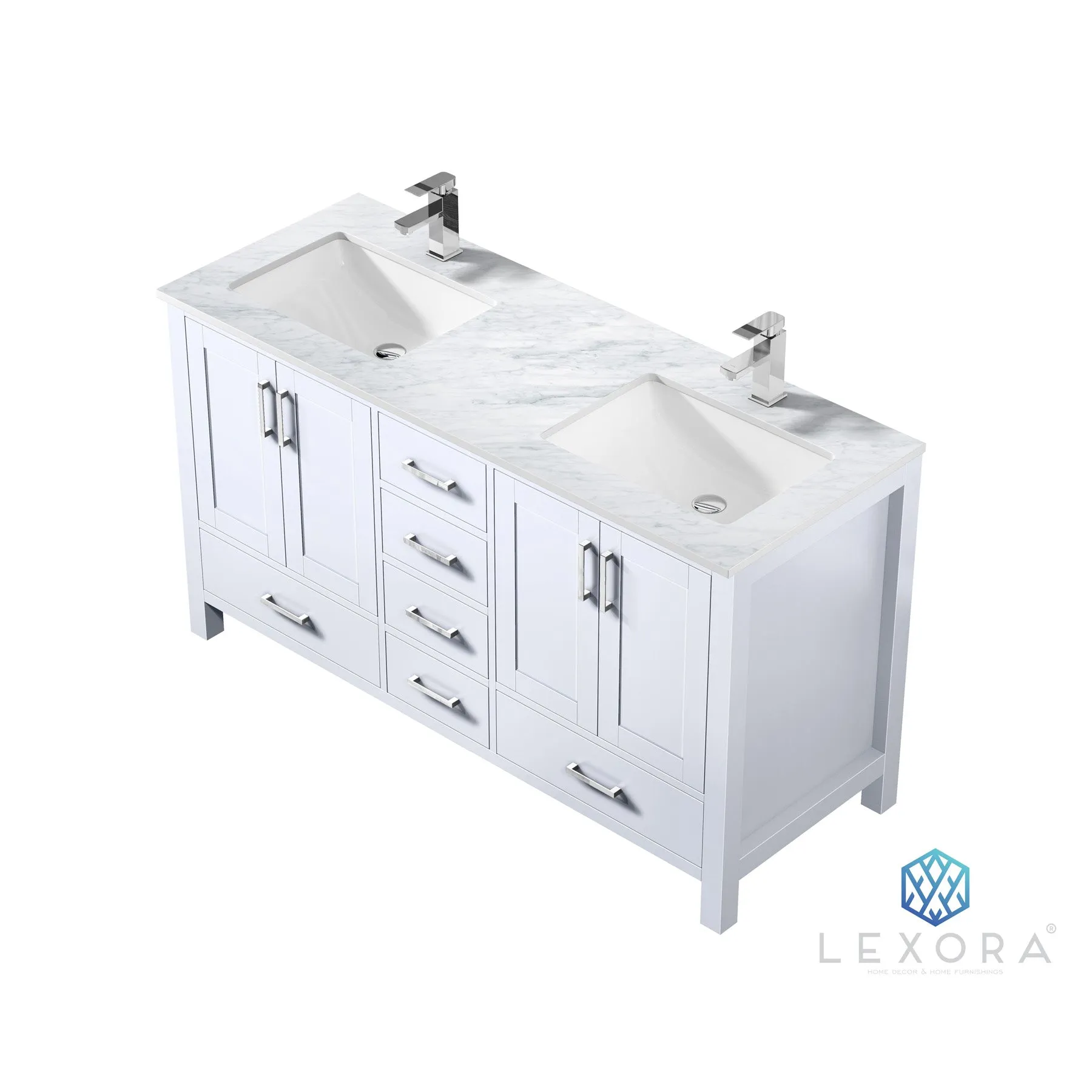 Jacques 60 In. Freestanding White Bathroom Vanity With Double Undermount Ceramic Sink, White Carrara Marble Top