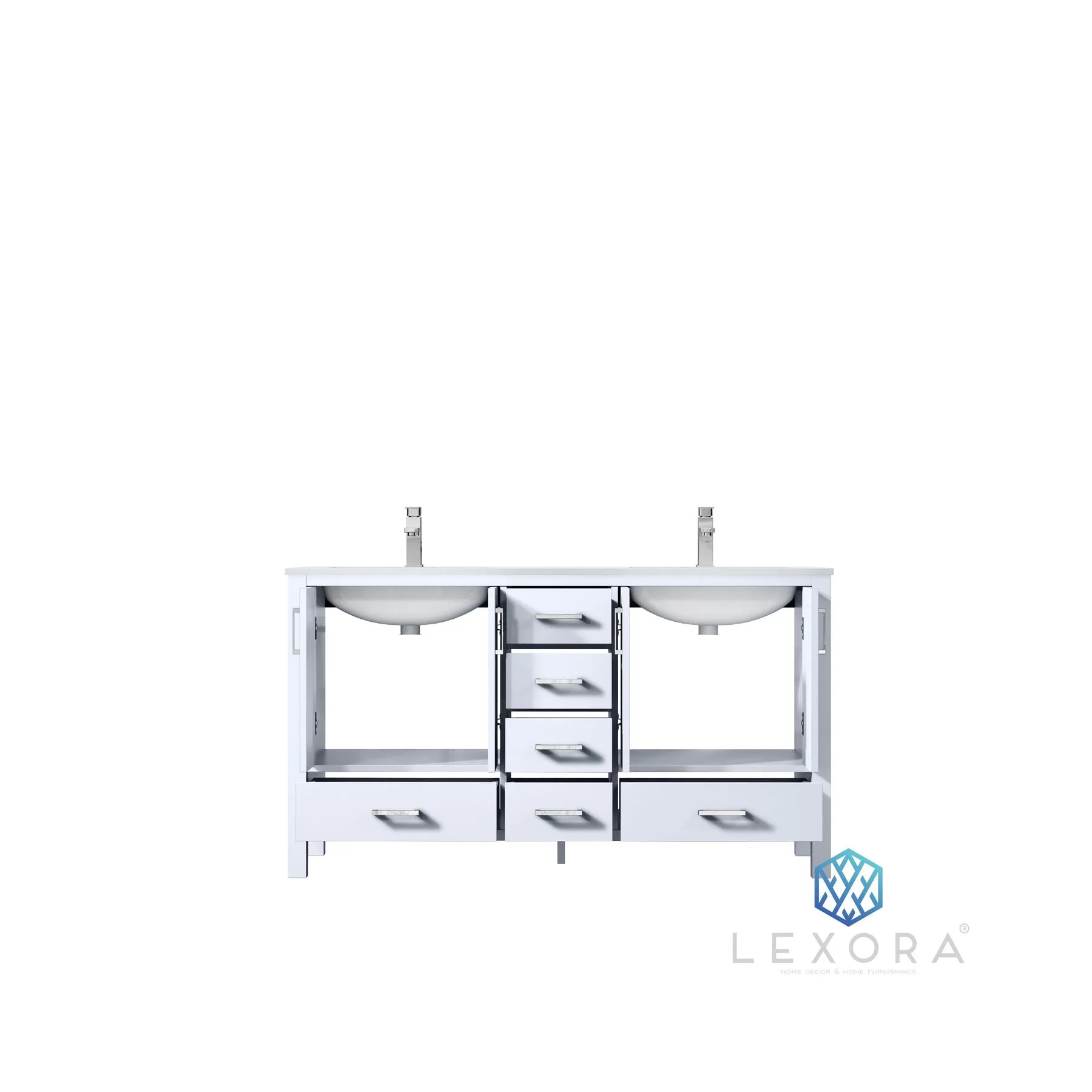 Jacques 60 In. Freestanding White Bathroom Vanity With Double Undermount Ceramic Sink, White Carrara Marble Top