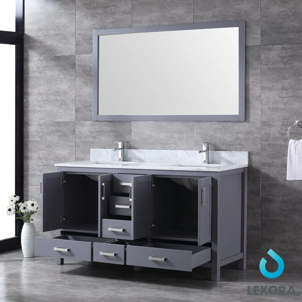 Jacques 60" Double Vanity Dark Grey, White Carrera Marble Top, White Square Sinks and 58" Mirror