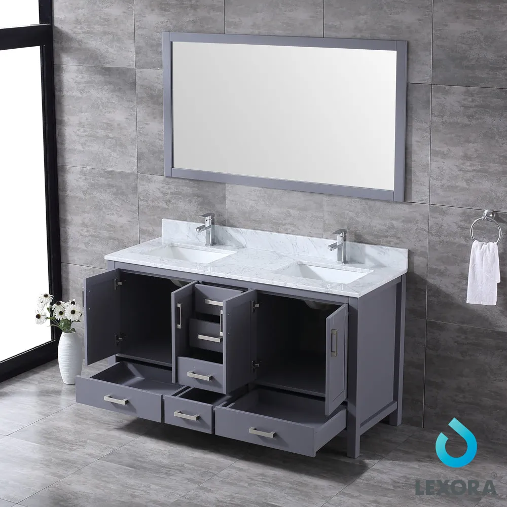 Jacques 60" Double Vanity Dark Grey, White Carrera Marble Top, White Square Sinks and 58" Mirror