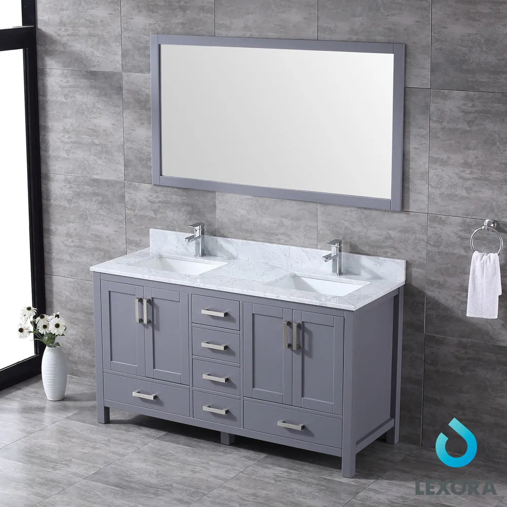 Jacques 60" Double Vanity Dark Grey, White Carrera Marble Top, White Square Sinks and 58" Mirror