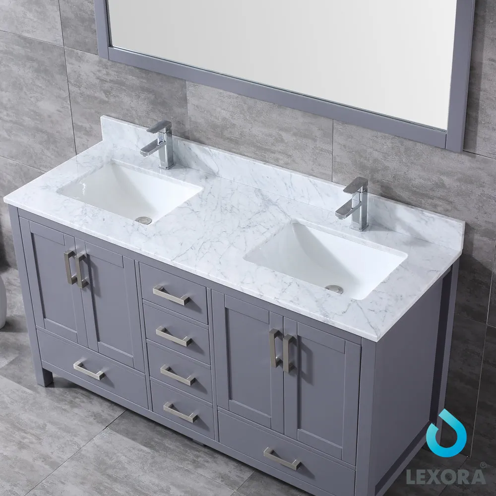 Jacques 60" Double Vanity Dark Grey, White Carrera Marble Top, White Square Sinks and 58" Mirror
