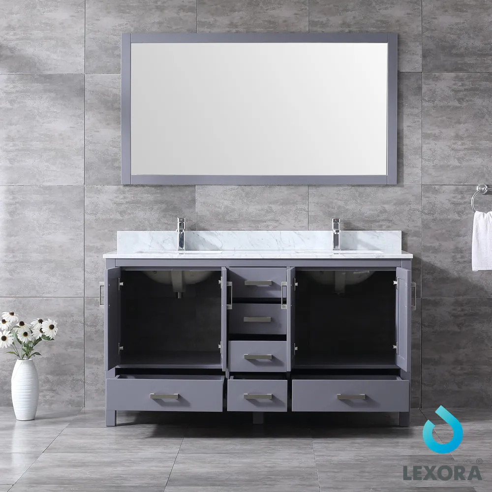 Jacques 60" Double Vanity Dark Grey, White Carrera Marble Top, White Square Sinks and 58" Mirror