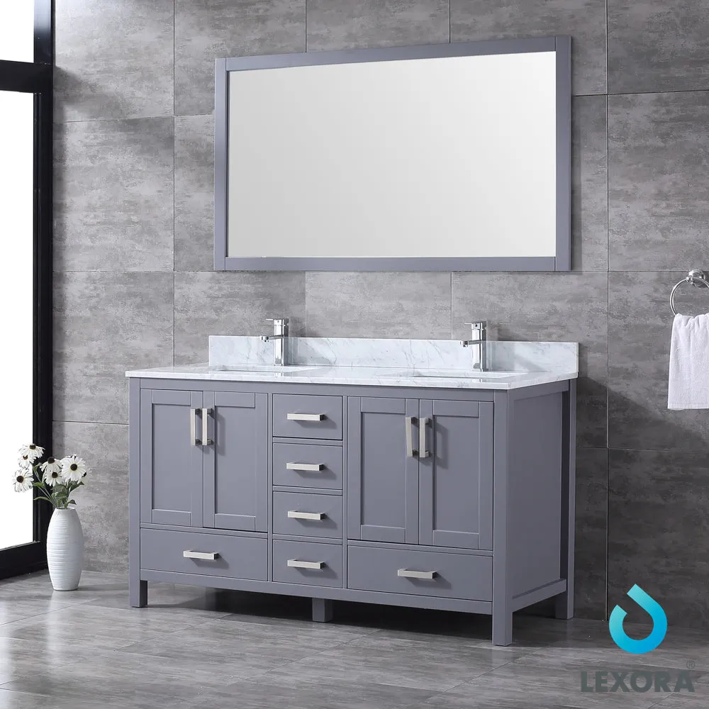 Jacques 60" Double Vanity Dark Grey, White Carrera Marble Top, White Square Sinks and 58" Mirror