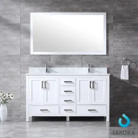 Jacques 60" Double Vanity White, White Carrera Marble Top, White Square Sinks and 58" Mirror