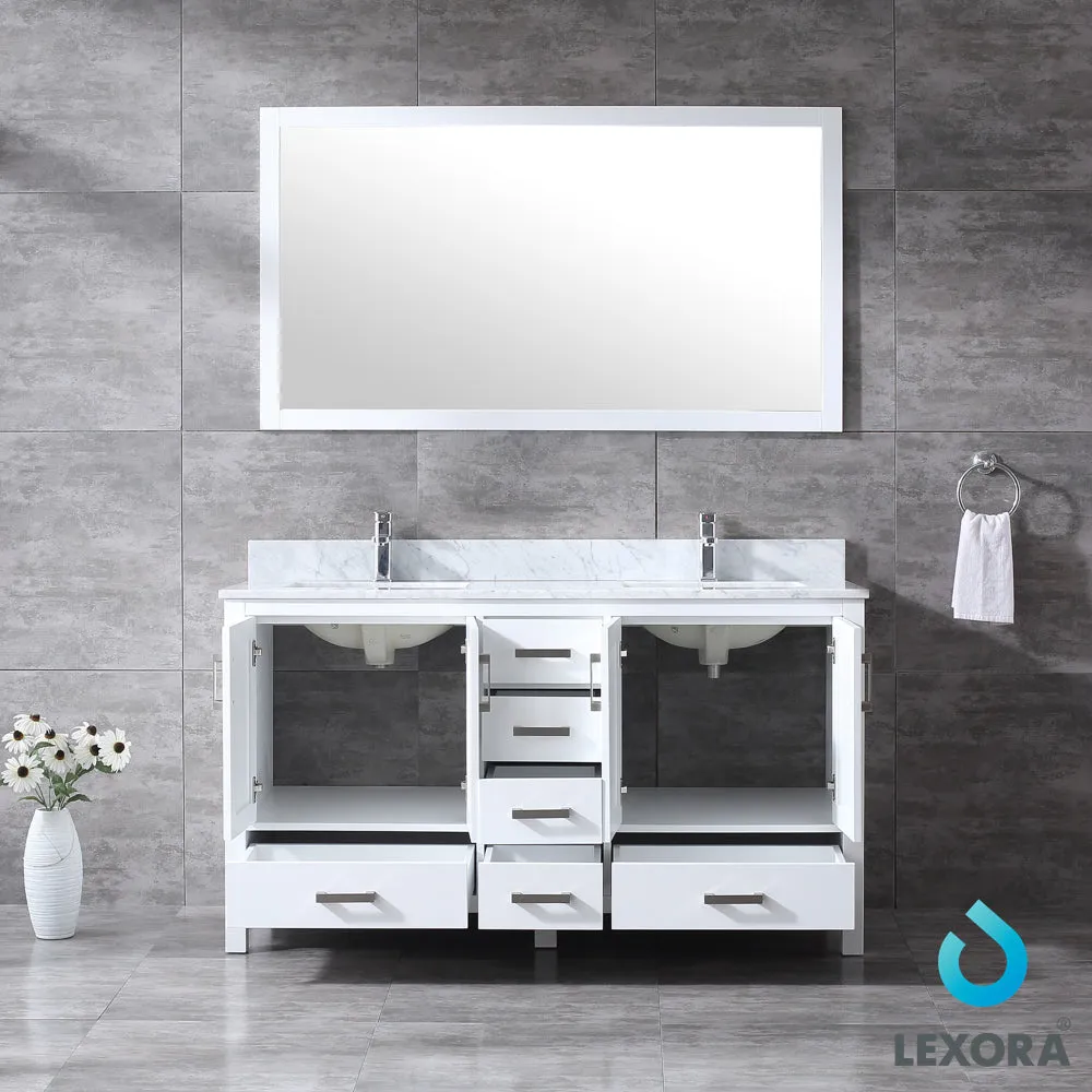 Jacques 60" Double Vanity White, White Carrera Marble Top, White Square Sinks and 58" Mirror