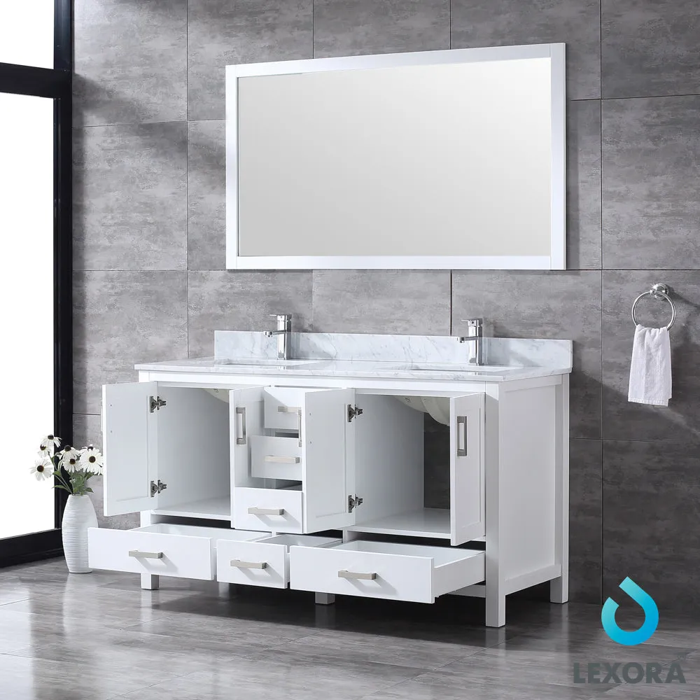 Jacques 60" Double Vanity White, White Carrera Marble Top, White Square Sinks and 58" Mirror