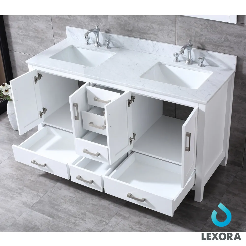 Jacques 60" Double Vanity White, White Carrera Marble Top, White Square Sinks and 58" Mirror