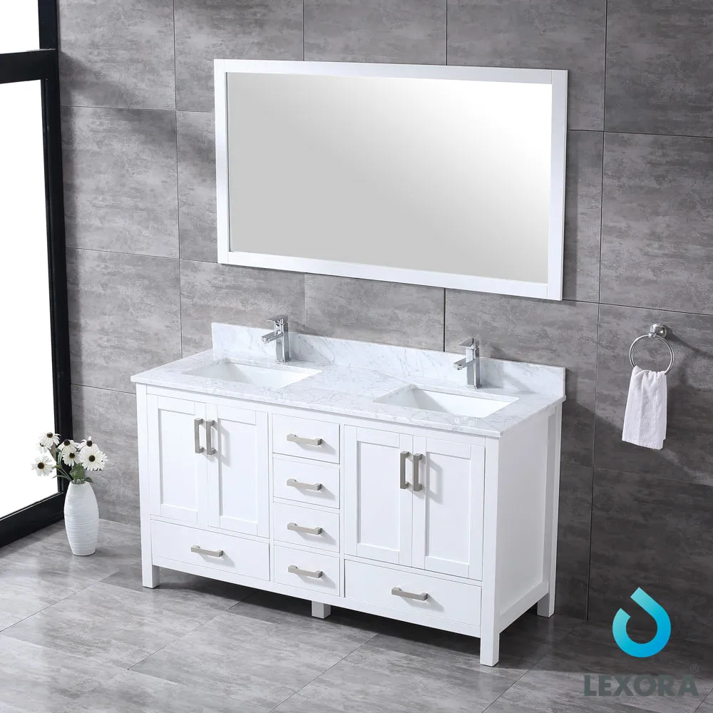 Jacques 60" Double Vanity White, White Carrera Marble Top, White Square Sinks and 58" Mirror