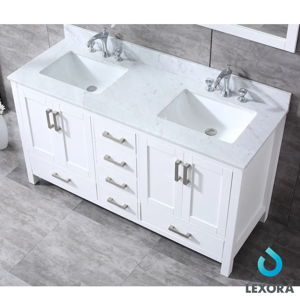 Jacques 60" Double Vanity White, White Carrera Marble Top, White Square Sinks and 58" Mirror