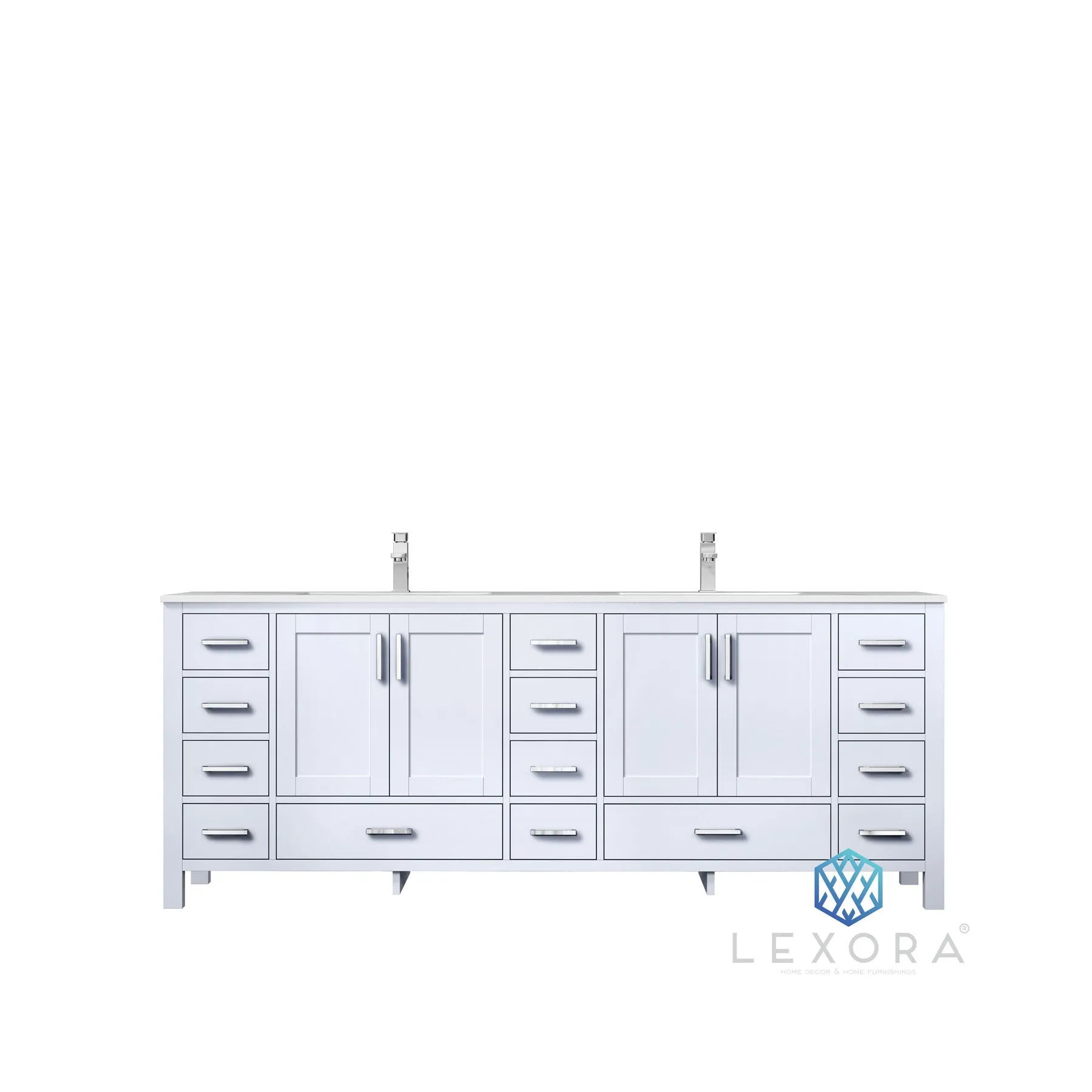 Jacques 84 In. Freestanding White Bathroom Vanity With Double Undermount Ceramic Sink, White Carrara Marble Top