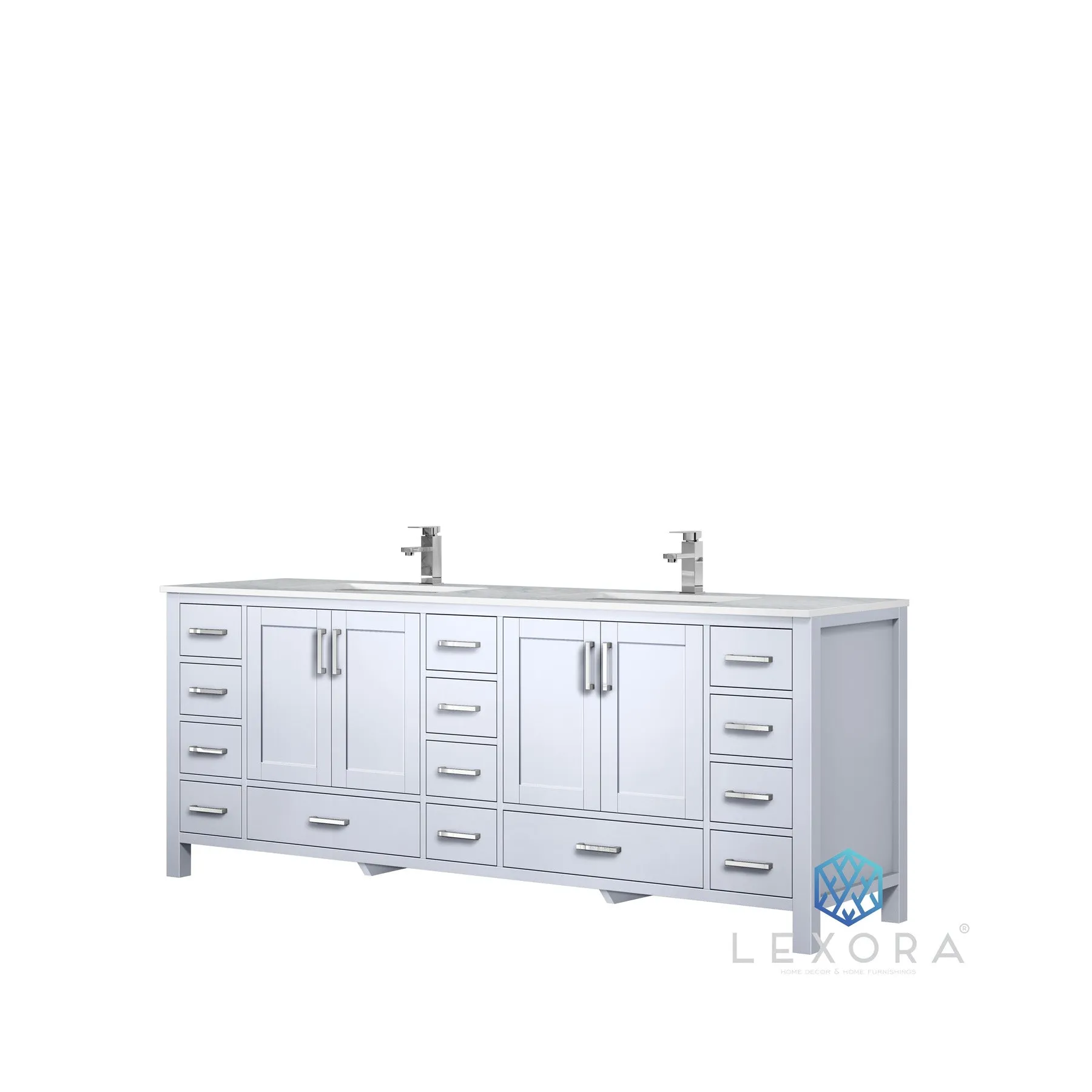 Jacques 84 In. Freestanding White Bathroom Vanity With Double Undermount Ceramic Sink, White Carrara Marble Top
