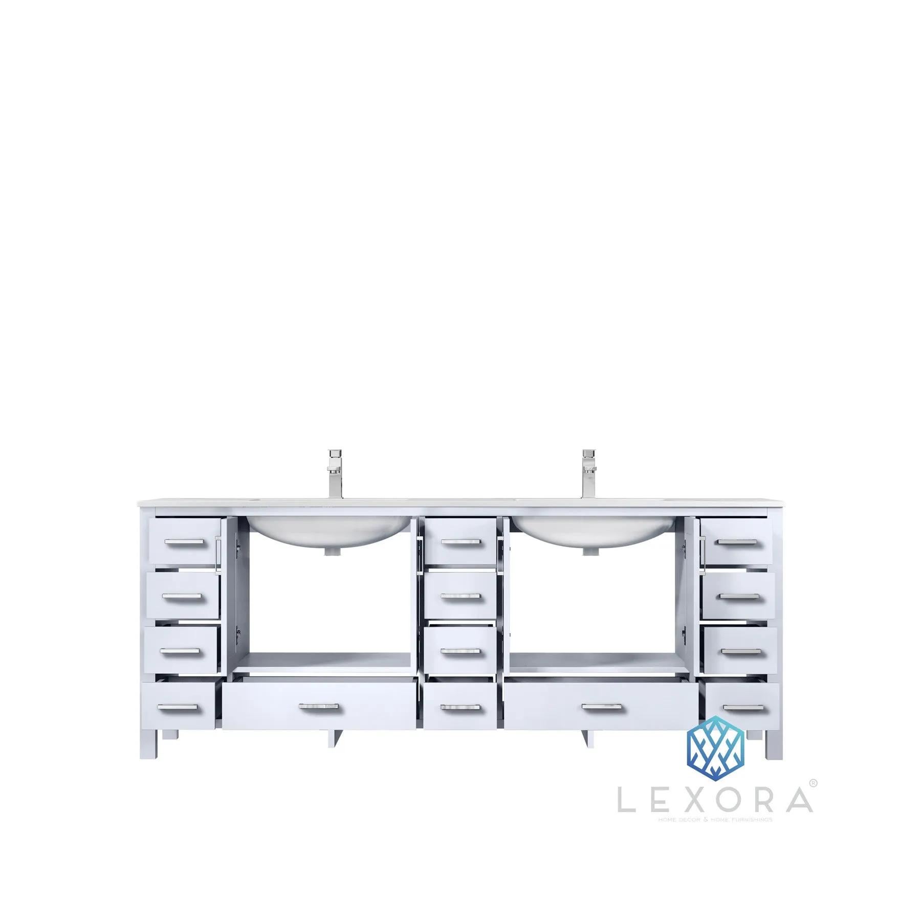 Jacques 84 In. Freestanding White Bathroom Vanity With Double Undermount Ceramic Sink, White Carrara Marble Top