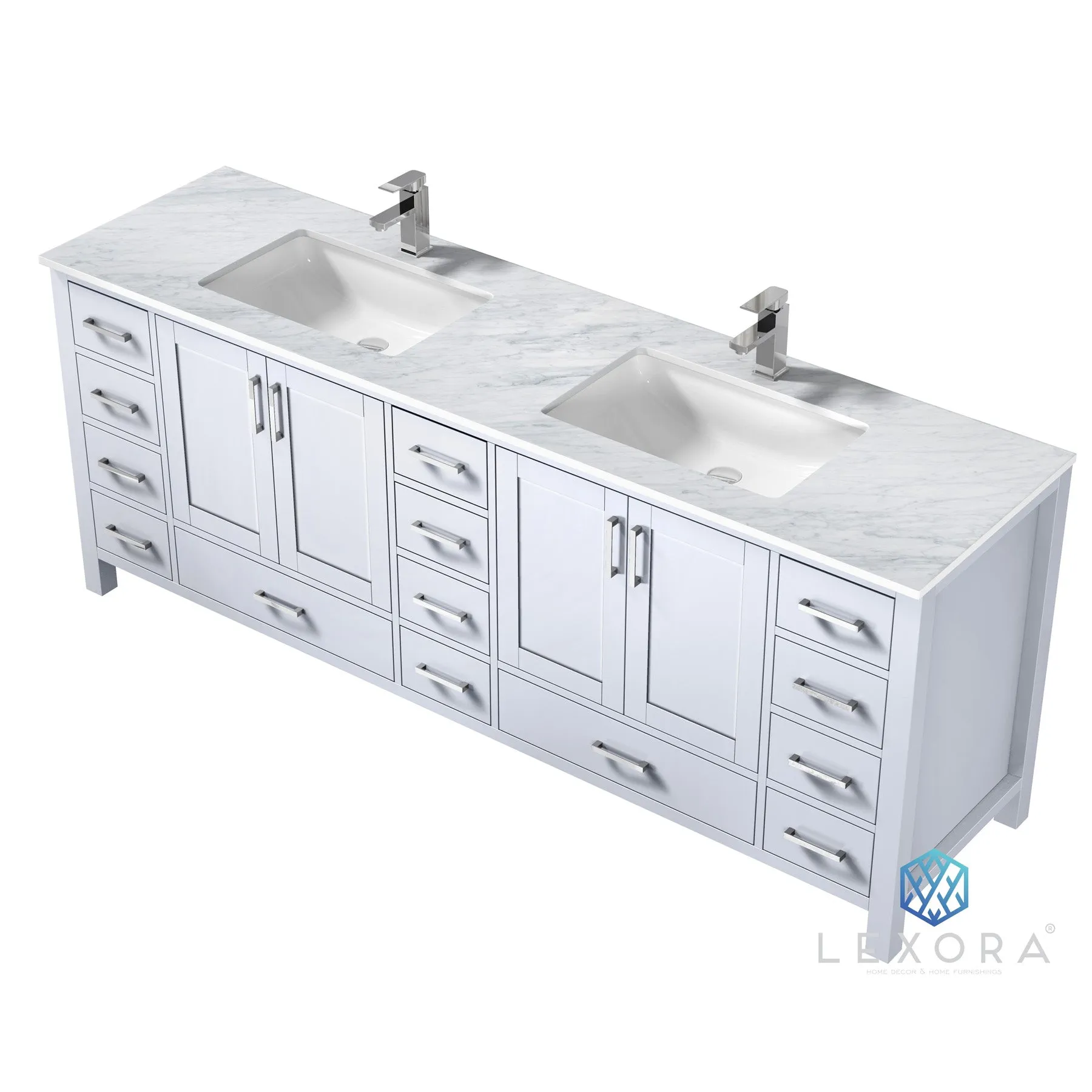 Jacques 84 In. Freestanding White Bathroom Vanity With Double Undermount Ceramic Sink, White Carrara Marble Top