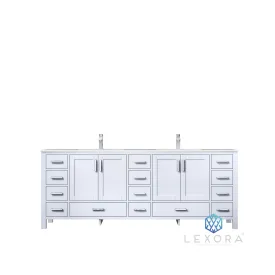 Jacques 84 In. Freestanding White Bathroom Vanity With Double Undermount Ceramic Sink, White Carrara Marble Top