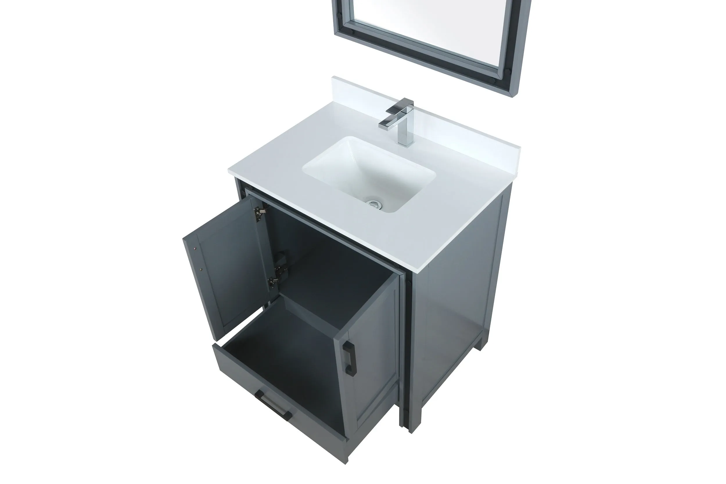 Ziva 30" Dark Grey Single Vanity, Cultured Marble Top, White Square Sink and 28" Mirror w/ Faucet