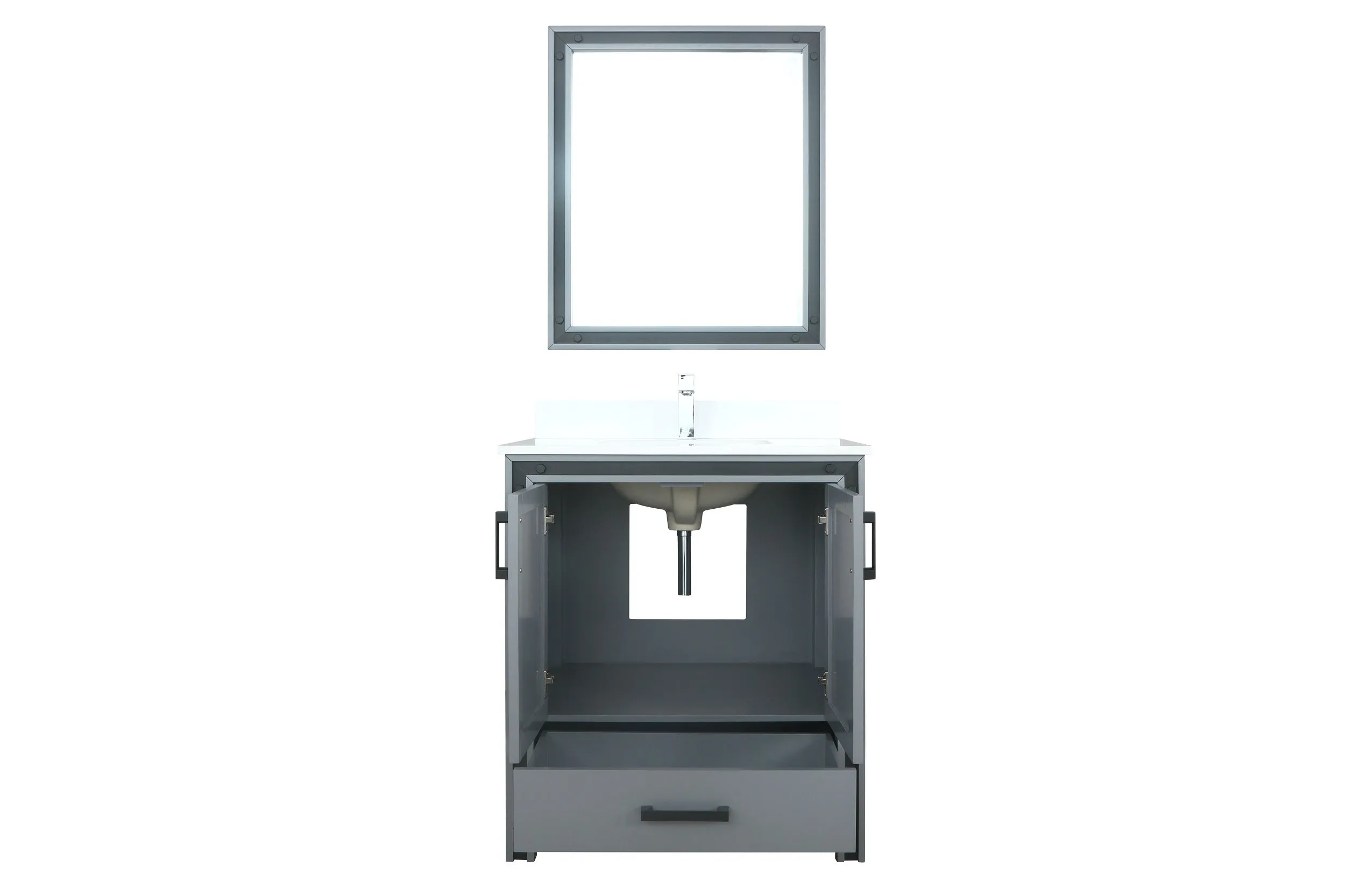 Ziva 30" Dark Grey Single Vanity, Cultured Marble Top, White Square Sink and 28" Mirror w/ Faucet