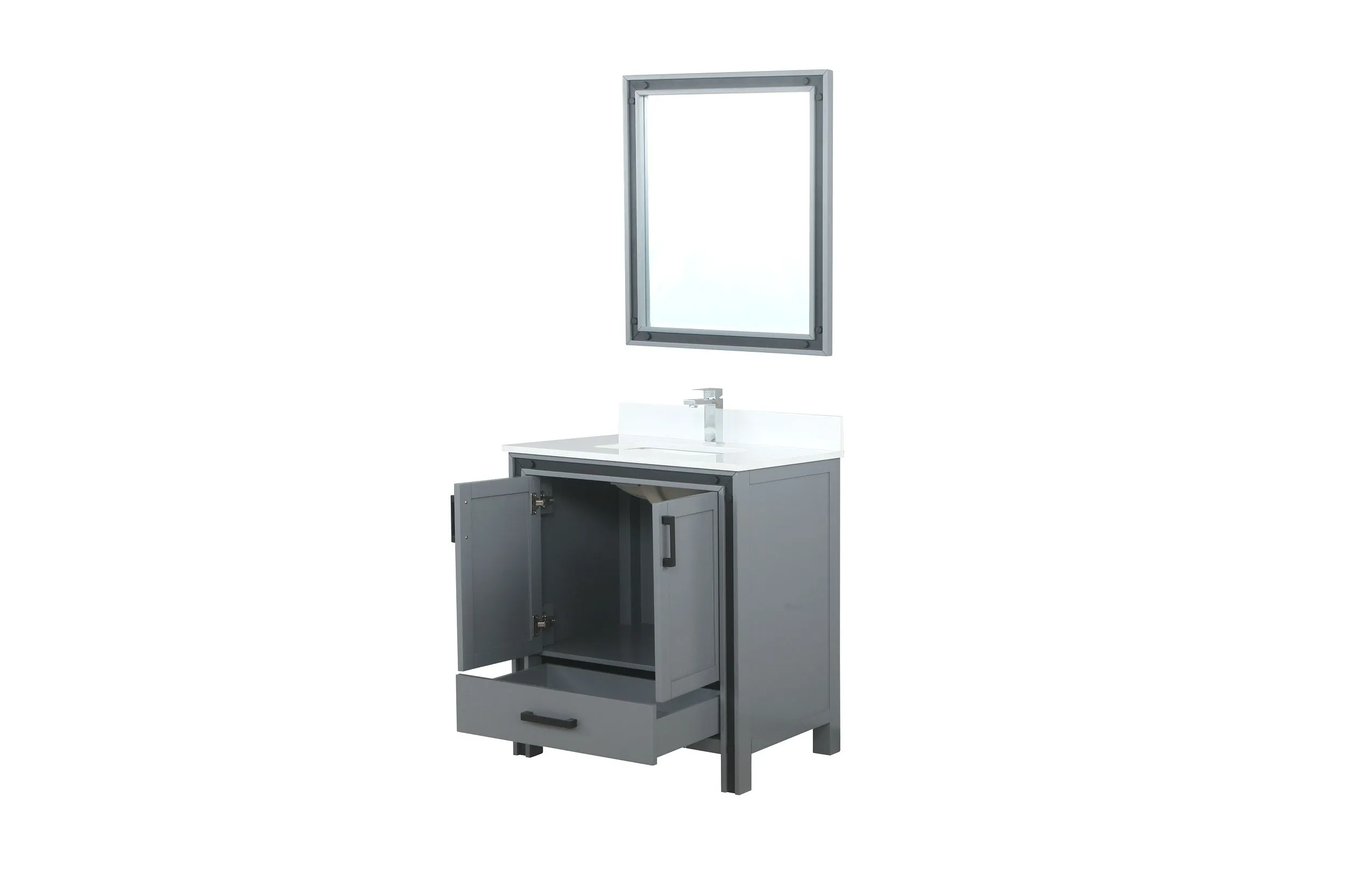 Ziva 30" Dark Grey Single Vanity, Cultured Marble Top, White Square Sink and 28" Mirror w/ Faucet