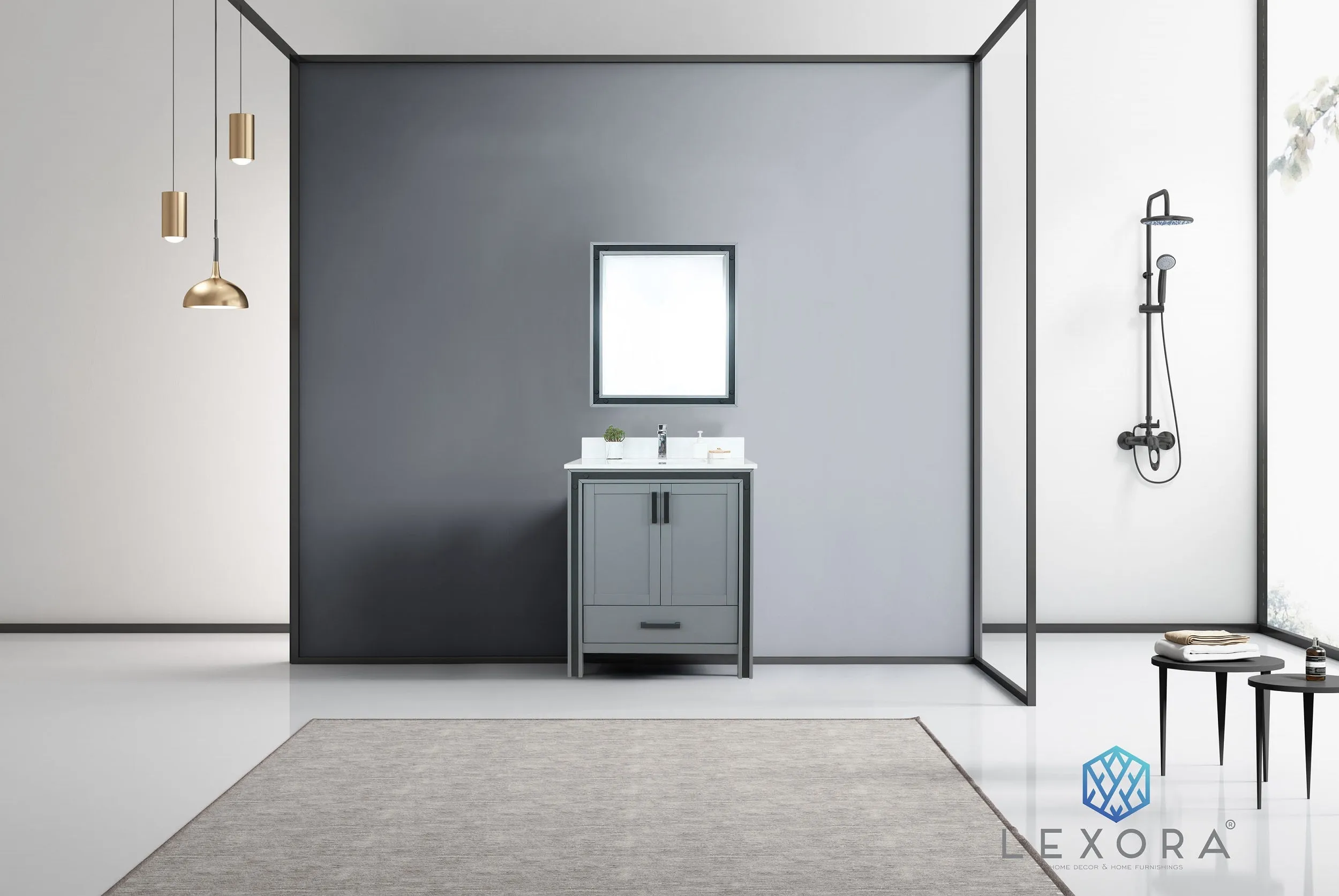 Ziva 30" Dark Grey Single Vanity, Cultured Marble Top, White Square Sink and 28" Mirror w/ Faucet